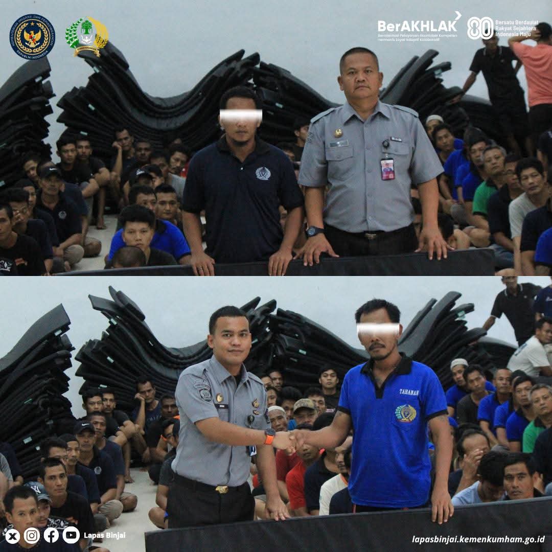 Kepala Seksi Bimbingan Narapidana & Anak Didik Andi Gultom, Beserta Kasubsi Bimkemaswat Dion Sitorus Memberikan Secara Langsung Matras Tidur Kepada Perwakilan Wbp Lapas Binjai.(Doc/Foto: Humas Lapas Binjai)